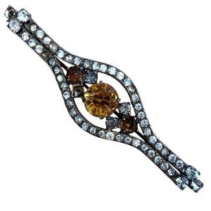 Vintage Brooch Pin with Amber and Clear Rhinestones